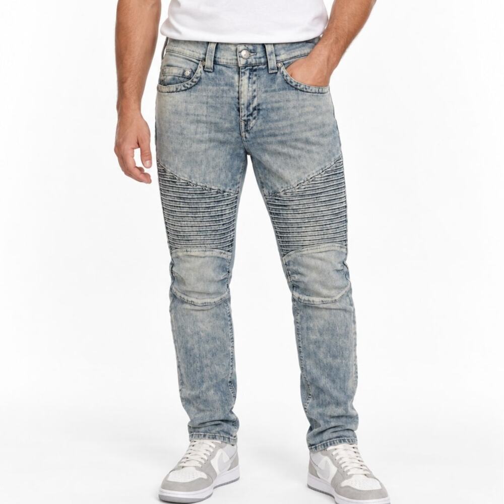 True Religion Men's Moto Biker Jeans Light Acid Wash Size 33x32 Y2K Streetwear